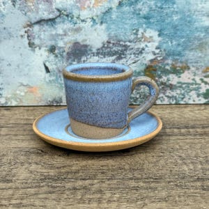 Handmade Espresso Cup & Saucer | 60ml Stoneware Demitasse Set | Speckled Blue Glaze