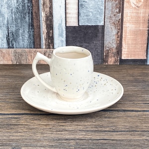 Handmade Espresso Cup & Saucer | 60ml Stoneware Demitasse Set | Speckled Soft White Glaze