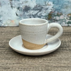 Handmade Espresso Cup & Saucer | 60ml Stoneware Demitasse Set | White Speckles Half Naked Rustic Style