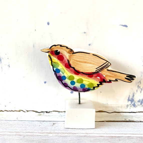 Rainbow Robin pottery ornament / ceramic gift