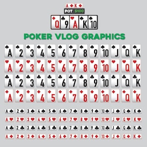 Op de afbeelding: Afbeelding voor een poker vlog met speelkaarten. De afbeelding toont verschillende kaartsoorten en waarden, van Aas tot Koning, met een pot van $100. De tekst "POKER VLOG GRAPHICS" is ook aanwezig.