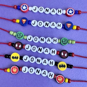 Personalised Superhero Rakhi Bracelet | Handmade Name Rakhi | Raksha Bandhan Gift | Superhero Beads & Custom Name | Friendship Bracelet