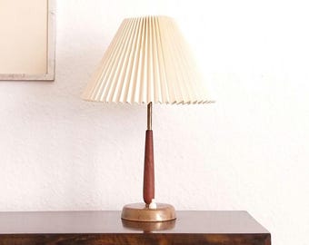 Brass wood table lamp with lampshade vintage teak lamp original le klint lampshade Swedish light brass teakwood lamp pleated lampshade