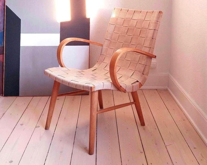 Yngve Ekström scandinavian accent chair wooden vintage chair with webbing Birch bentwood armchair braided seat livingroom chair original 40s