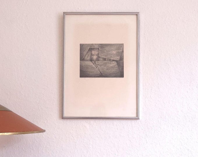 Olle Dahl lithograph black white vintage art print mid century abstract artwork framed Scandinavian wall art 1960s