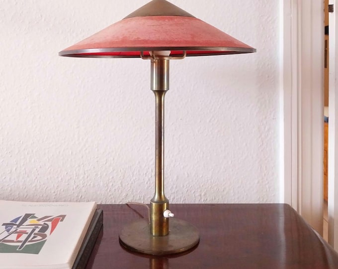 Fog Morup table lamp Danish mid century table lamp red art deco lamp brass 1940s desk light cone shaped lampshade 1930s table lamp T3