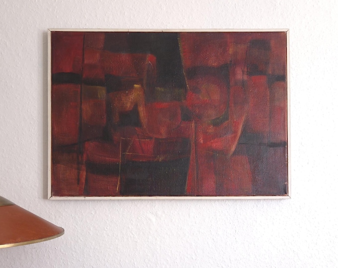 Tapio Soukka mid century modern abstract painting red painting cubist original 1960s painting framed large vintage oil painting Scandinavian