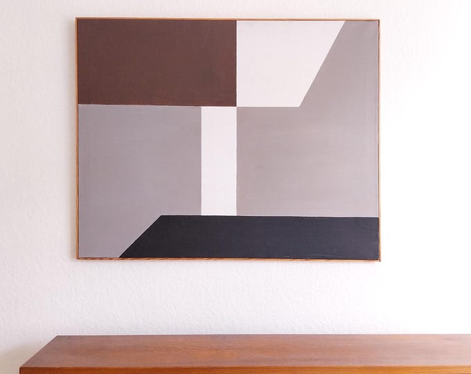 Geometric mid century oil painting large abstract painting black white original vintage artwork Scandinavian painting framed Swedish artwork