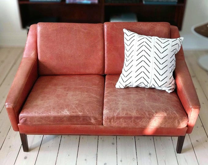Danish loveseat leather sofa brown leather couch vintage two seater leather mid century modern sofa with patina Mcm furniture