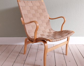 Bruno Mathsson chair, Scandinavian accent chair wood, Vintage lounge chair, wowen seat chair canvas, mid century, Swedish chair, bentwood