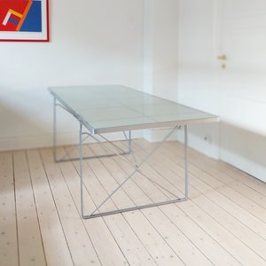 Ikea vintage glass dining table, vintage metal glass table, glass desk, Niels gammelgaard, minimalistic diningroom table, postmodern
