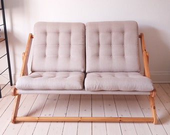 Ikea kontiki bank, vintage futon houten bank, vintage loveseat canvas, Gillis lundgren, Zweedse bank, houten buitenbank, Japans modern