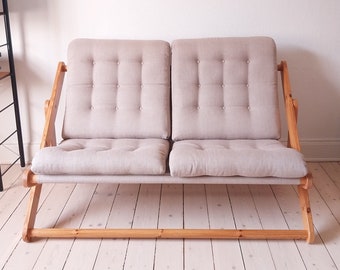 Ikea kontiki bank, vintage futon houten bank, vintage loveseat canvas, Gillis lundgren, Zweedse bank, houten buitenbank, Japans modern