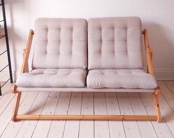 Canapé Ikea kontiki, canapé futon vintage en bois, toile pour causeuse vintage, Gillis lundgren, canapé suédois, canapé d'extérieur en bois, japonais moderne