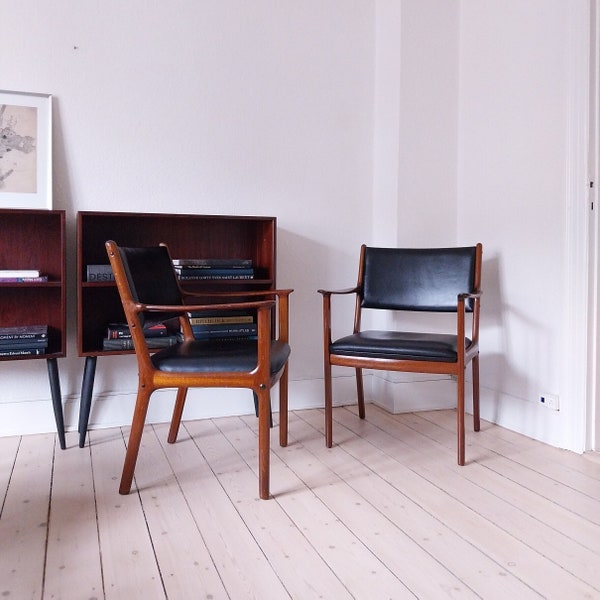 Fauteuil en teck Ole Wanscher, chaise danoise, chaise longue du milieu du siècle, chaise en teck en cuir vintage, mcm, chaise en cuir noir, maison scandinave