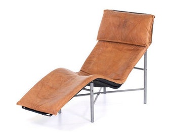 Vintage ikea skye leather chaiselongue, sculptural lounge chair, brown leather chaise  longue chair, Vintage chrome chair, Bauhaus chair 80s