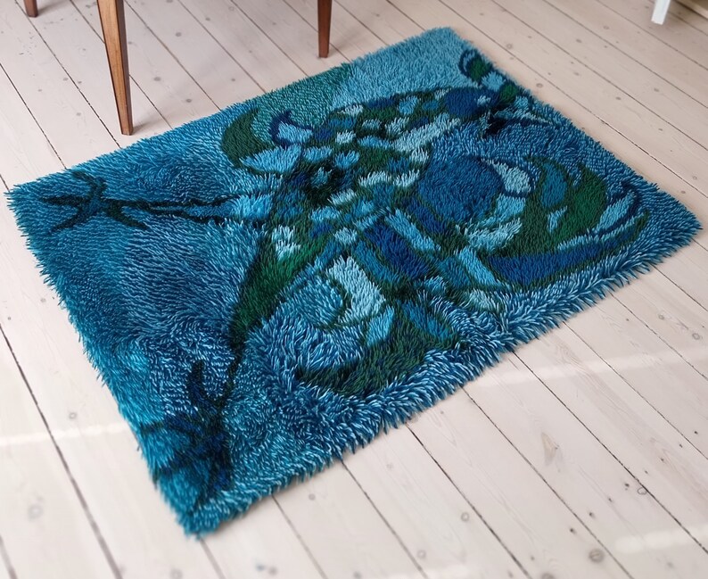 Vintage Swedish Rya Rug Rooster Rug, Shaggy Blue Rya Wool Carpet, Mid