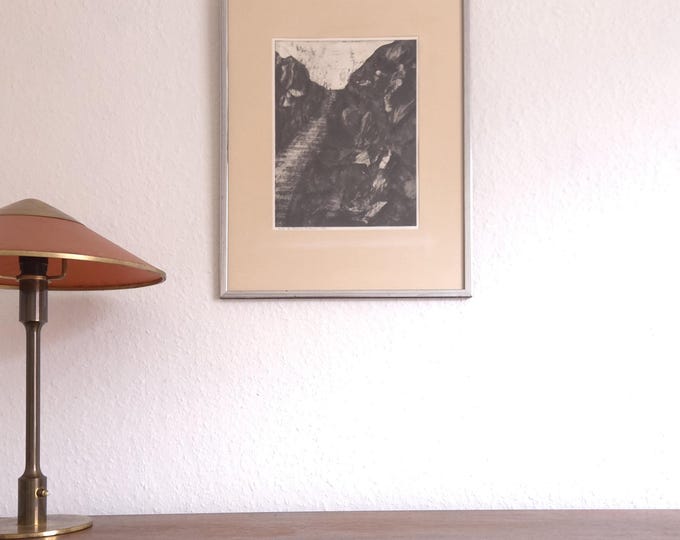 Vintage etching black white vintage art print framed mid century art Scandinavian wall art original lithograph signed