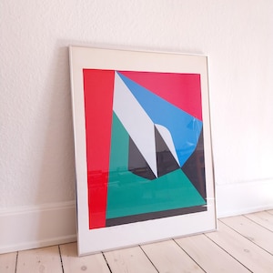 Mid century lithographic art print abstract Bauhaus print geometric colorful art print vintage cubist art vintage blue red artprint Danish
