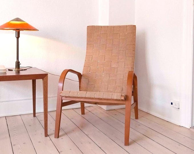 Scandinavian vintage lounge chair with webbing vintage armchair wowen seat mid century lounge chair wooden 1940s lounge chair Swedish modern