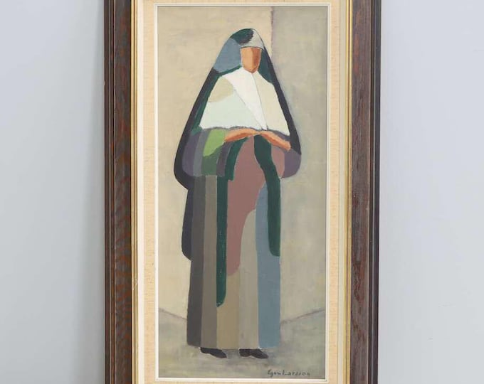 Modernist oil painting figurative - Abstract mid century painting cubist painting Scandinavian art original 1960s oil painting with nun