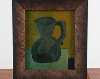 Cubist painting original, still life oil painting with jug, Swedish mid century art, stillife with bottle, green painting, Swedish painting