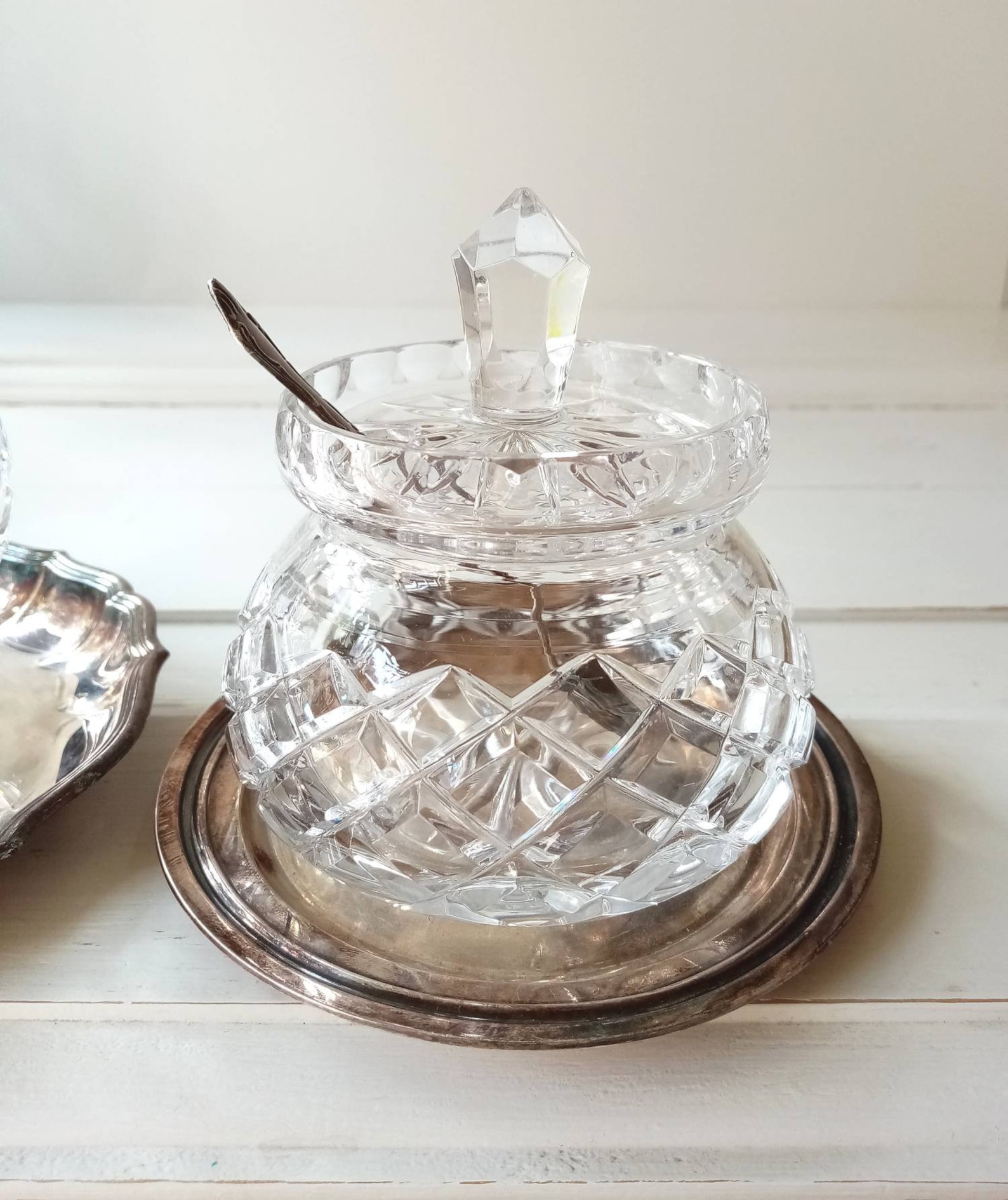 Crystal sugar bowl with lid and spoon Vintage cut glass sugar Etsy