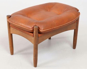 Mid century ottoman leather teak ottoman cognac leather footstool vintage stool wooden scandinavian furniture vintage livingroom 1960s