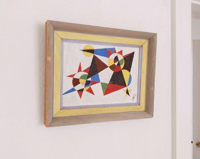 Mid century abstract oil painting geometric vintage painting with shapes 1940s painting original painting framed Scandinavian art Swedish