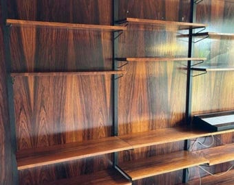 Danish vintage shelving unit mid century wall unit rosewood teak shelving system with rails Danish modern furniture