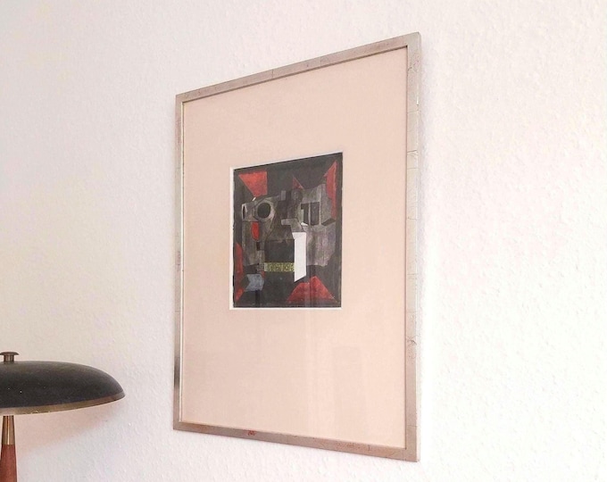 Göran Folcker abstract mid century modern painting gray vintage abstract painting cubist original painting geometric surrealism art vintage