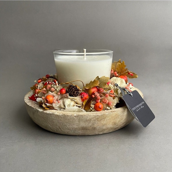 Duftkerze Set „FRAN“ mit Blumenkranz und Holzteller — Kerze im Glas — Tischdekoration — Dekoration Tisch — Set  Deko — stabilisierte Blumen