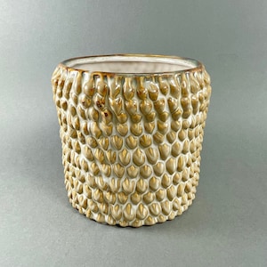 Può includere: Un vaso da fiori in ceramica con un motivo testurizzato a scaglie, marrone e bianco.