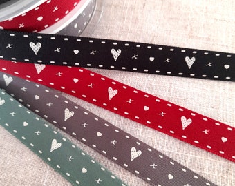 Berisfords 15mm Ribbon Hearts & Kisses Faux Saddle Stitch Valentine Wedding Love Red Olive Green Grey Black