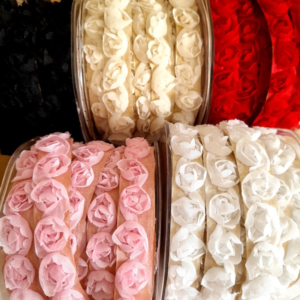 15mm Chiffon Rosette Flowers Self Adhesive Rose Buds Ribbon Red Black Ivory White or Pink Valentine Wedding Love Craft Embellish Decoration