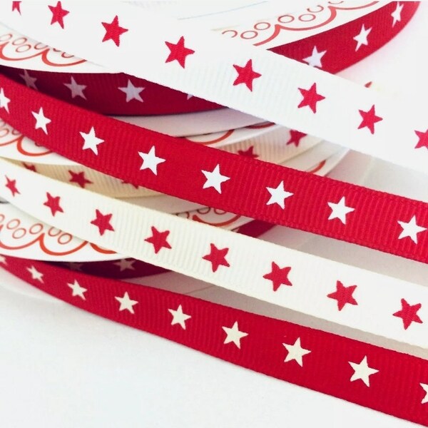 Bertie's Bows Star Print Grosgrain Ribbon By the Meter 9mm Red White Ivory Gift Wrap Craft Christmas Birthday Cake Decoration Decor