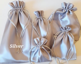 Silver Silky Sheen Satin Gift Bags  Assorted sizes  Wedding Favour Jewellery Birthday  Christmas  Drawstring Custom upon request!