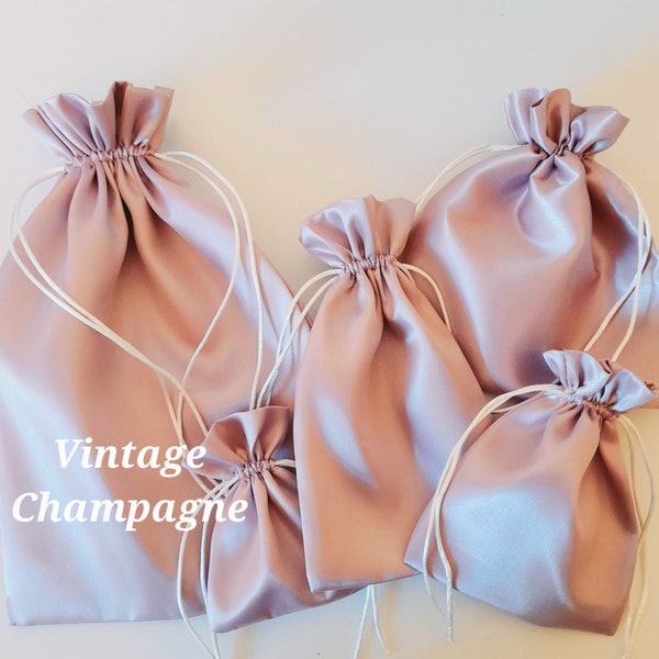 Vintage Champagne Silky Sheen Satin Gift Bags  Assorted sizes  Wedding Favour Jewellery Birthday  Christmas  Drawstring Custom upon request!