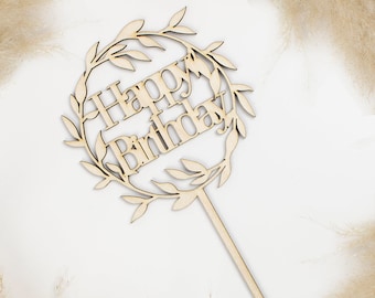Cake Topper Holz | Happy Birthday | Kranz