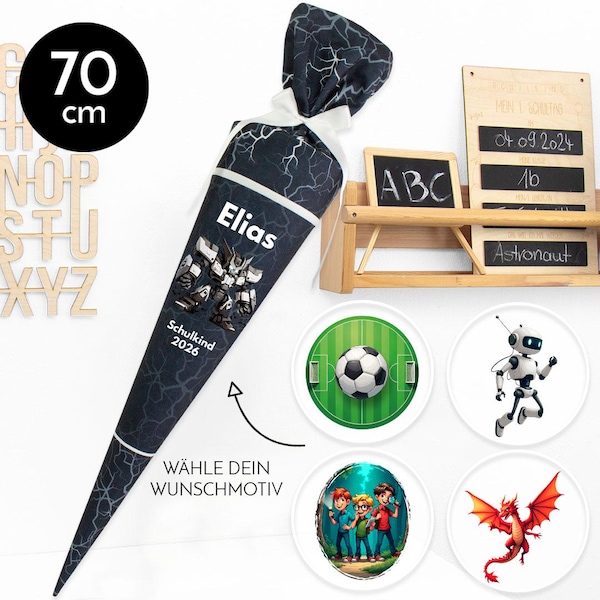 Deine Schultüte aus Stoff Kuschel Velvet Wunschmotiv individualisierbar mit Wunschname personalisierbar - Jungs Modell 10 - 70 cm