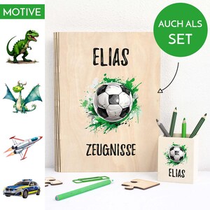 Zeugnismappe aus Holz personalisiert mit Wunschname und Wunschmotiv Geschenk zur Einschulung – Jungs