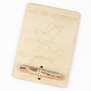 Geschenkkarte Holz | Geldgeschenk Kommunion / Konfirmation | Taube | Wunschname