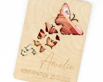 Geschenkkarte Holz | Geldgeschenk Kommunion / Konfirmation | Schmetterlinge | Wunschname und Datum
