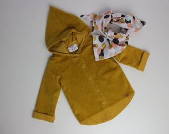 OUTLET: Kinder Cordjacke Zipfelmütze + Dreieckstuch | Punkte Senf | Gr. 92 (18-24 Monate)