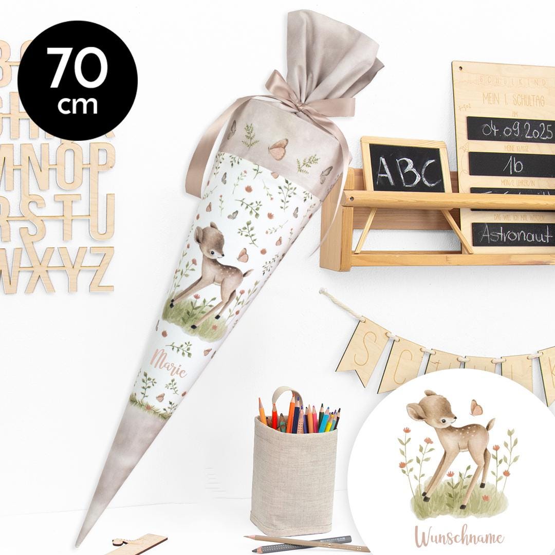 Personalisiert Schultüte Forest Deer Für Mädchen – 70-90 Cm, Mit Bambi Reh & Blumen | Stoffbezug & Namensstickerei