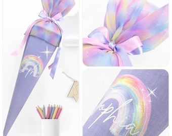 Schultüte aus Leinen & Glitzer Tüll individualisierbar mit Wunschname personalisierbar Mädchen handmade 70 cm - flieder - Regenbogen
