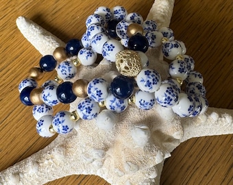 Greek Isles Bracelet Set- Blue & white floral bracelet