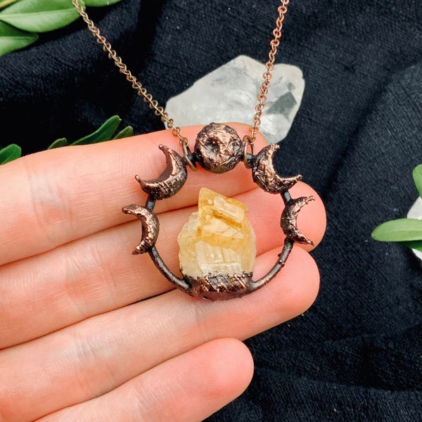 Magical Moon Phase Electroformed Copper Necklace Pendant  with Bright yellow Citrine Crystal Stone Magical Neclace Moon Jewelry Night Sky