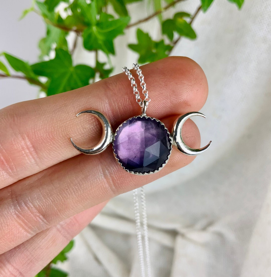 Sterling Silver Moon Phase Choker, Moon Necklace, Purple Fluorite Crystal Choker, Magical