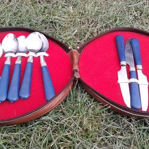 Set of utensils in a picnic case /Vintage kitchen set/Dinnerware set /Set of cutlery/Artificial leather case /Spoons and knives /Old cutlery